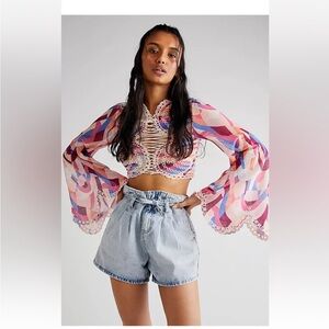 Free People Eyes On You Long Bell Sleeve Hippie Criss Cross Crop Top Size Small